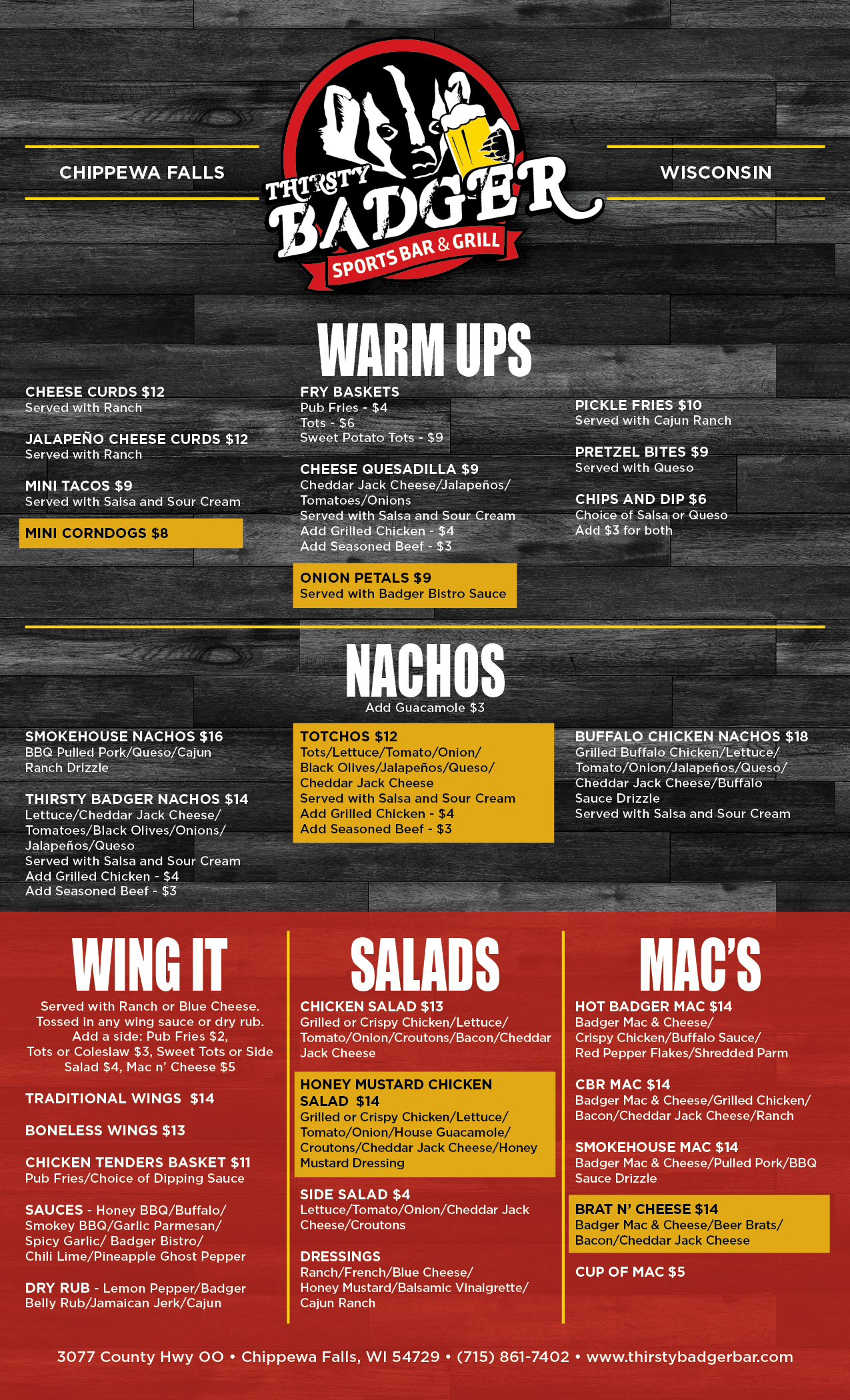 Thirsty Badger Regular Menu Page 1