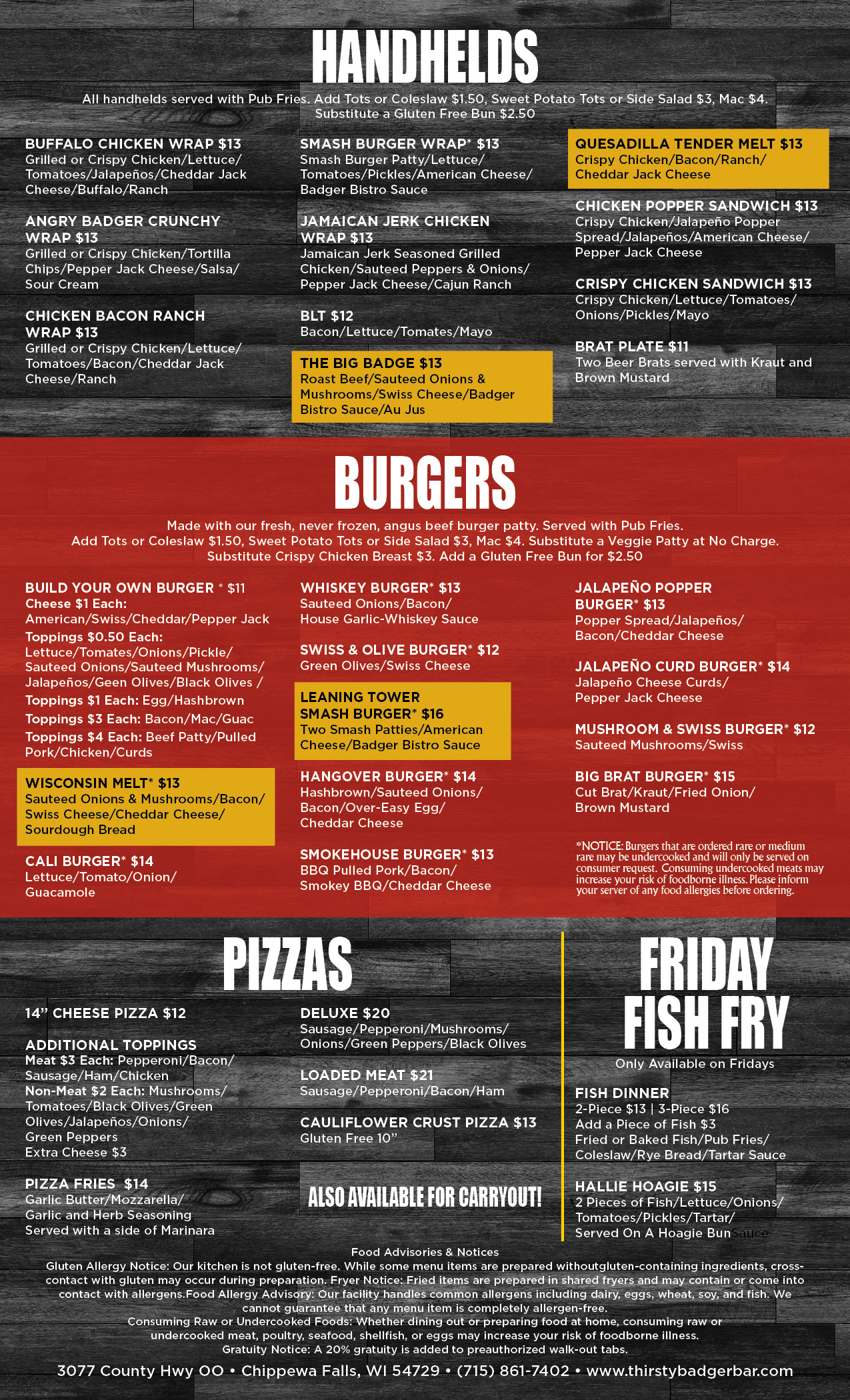 Thirsty Badger Regular Menu Page 2